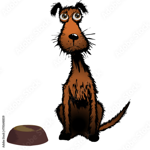 Dog Character Making Plaintive Look Next To Empty Plate. Vector illustration transparent background. Character: False, unkempt, skinny dog is waiting for the owner.