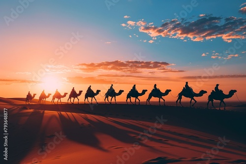 Caravan of Camels Traversing Vast Desert Landscape