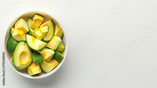 Avocado chunks in a bowl on a white table aerial view space on the right