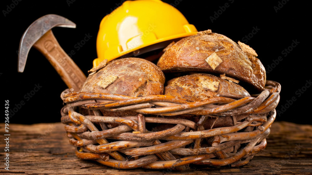A basket of bread with a hammer and a hard hat on top of it. Concept of playfulness and whimsy, as well as a touch of danger or risk