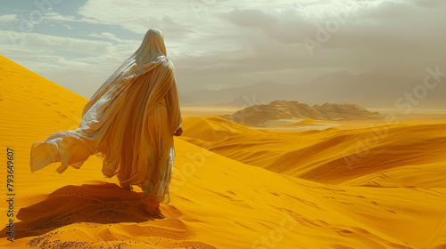 A man in a white robe walks across a desert. The desert is barren and the sky is cloudy photo