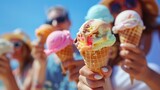 Group enjoying frozen dessert on beach holding ice cream cones
