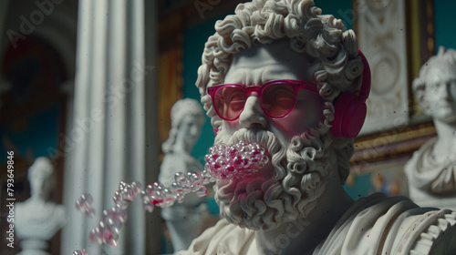 A statue of a man with pink glasses and headphones blowing bubbles. The statue is surrounded by other statues, giving the impression of a museum exhibit. Scene is playful and whimsical © Дмитрий Симаков