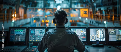 Worker in nuclear plant control room operating control panels at desk. Concept Nuclear Power Plant, Control Room, Control Panels, Worker, Operating Machinery