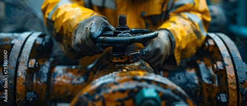 Workers Hands Turning Pipeline Valve to Maintain and Control Oil Flow. Concept Pipeline maintenance, Oil control, Worker safety, Industrial equipment, Environmental impact