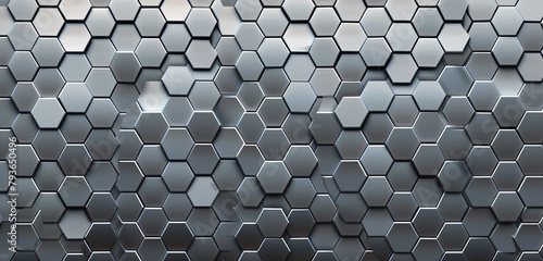 Minimalist hexagonal design in a gradient from silver to charcoal.
