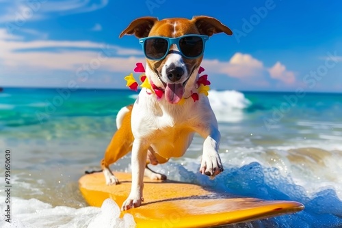 Adorable dog surfing with style in sunglasses and flower necklace on summer holiday © Ilja