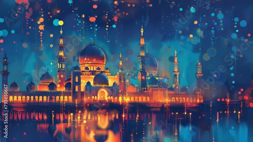 Contemporary artwork celebrating the blessings of Ramadan with a vibrant illustration of a mosque illuminated with lights photo