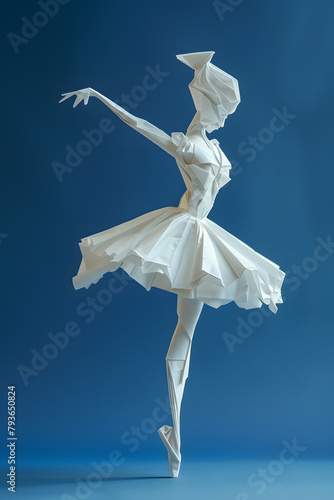 Dancing ballerina made of white origami isolated on blue background