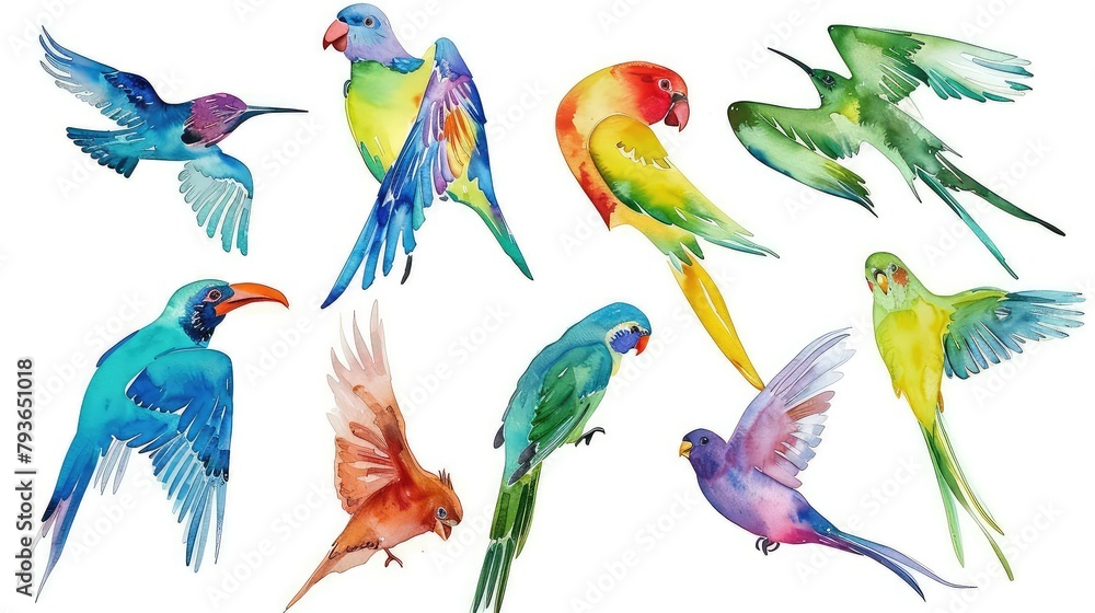 Fototapeta premium Illustration of Group of colorful birds with white background.