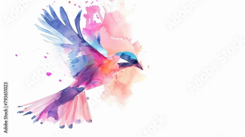 Simple watercolor of colorful hummingbirds isolated on white background