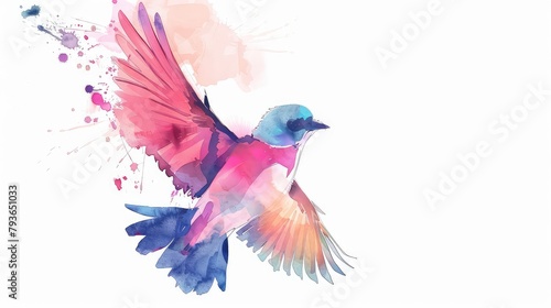 Simple watercolor of colorful hummingbirds isolated on white background