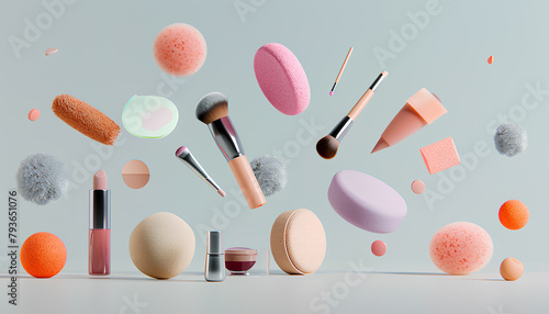 Flying makeup sponges and cosmetics on grey background photo