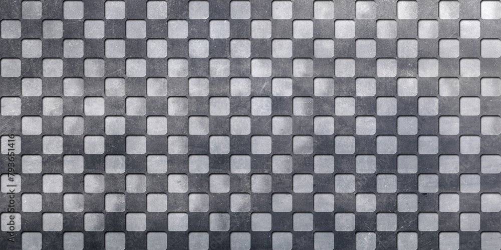 3D paint, black - white -gray checkered pattern, old grunge texture, rustic metal steel surface, antique interior wall - floor background decoration  - obrazy, fototapety, plakaty 