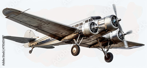Vintage propeller-driven aircraft in flight, isolated on a white background, showcasing its detailed design and metallic body. photo