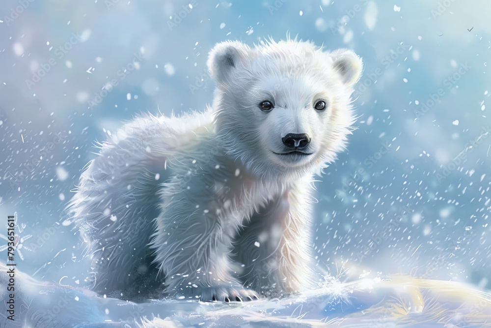 Cute baby polar bear cub with fluffy fur, perfect for winter-themed projects Cute baby polar bear cub with fluffy fur, perfect for winter-themed projects