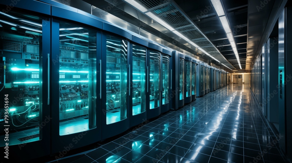 Modern Data Center Interior. High-Tech Server Room with Monitoring Screens. . Modern Factory Interior with Control Room