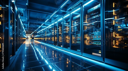 Modern Data Center Interior. High-Tech Server Room with Monitoring Screens. . Modern Factory Interior with Control Room