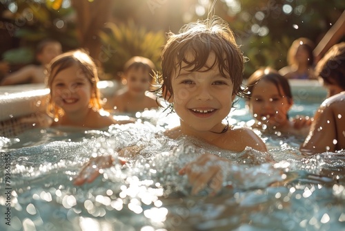 Happy children playing together in a swimming pool on a sunny day photo