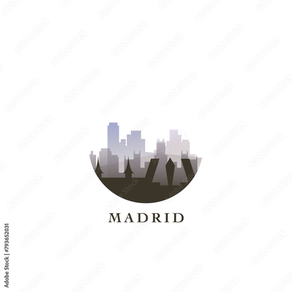 Madrid cityscape, gradient vector badge, flat skyline logo, icon. Spain capital city round emblem idea with landmarks and building silhouettes. Isolated graphic