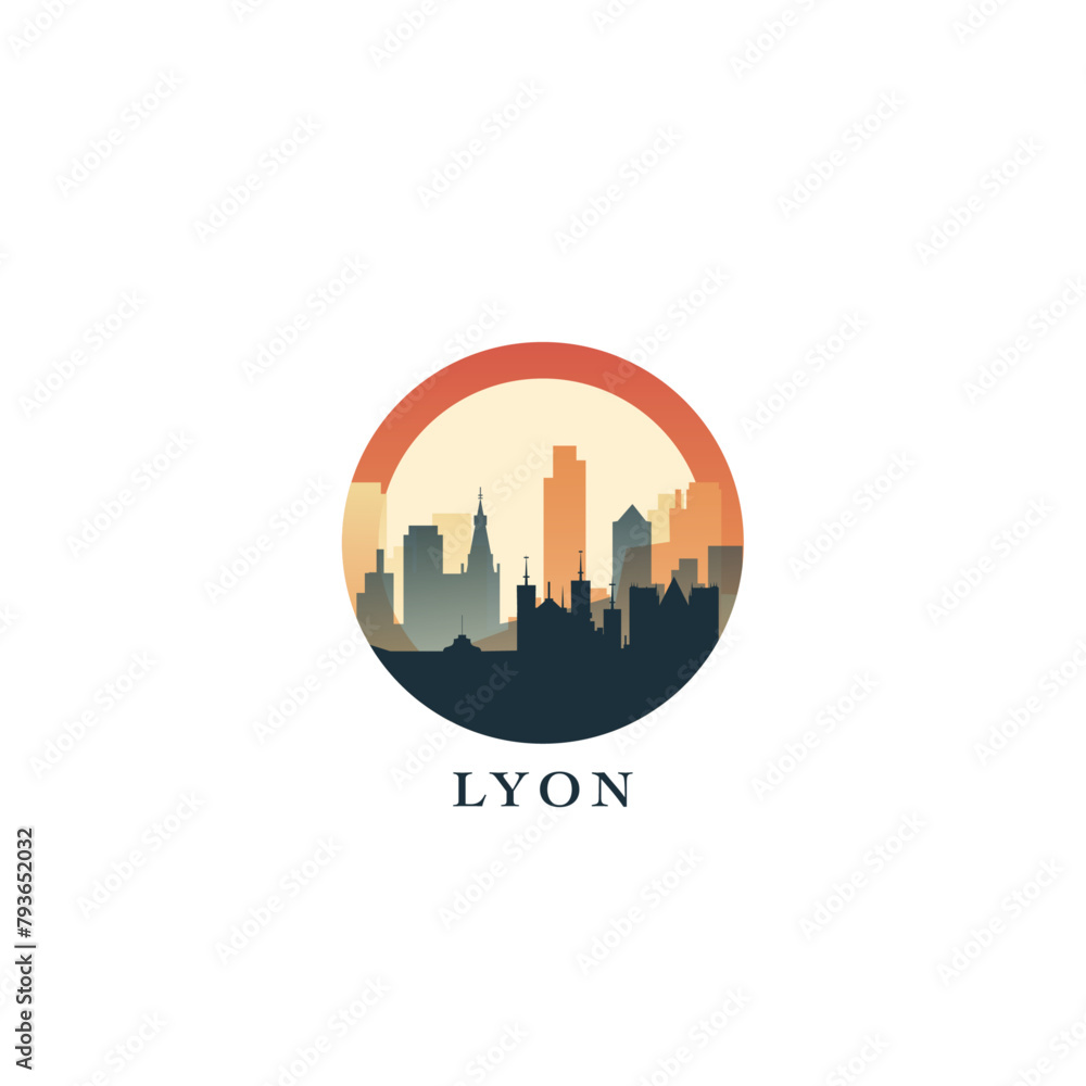 Lyon cityscape, gradient vector badge, flat skyline logo, icon. France city round emblem idea with landmarks and building silhouettes. Isolated graphic Lyon cityscape, gradient vector badge, flat skyline logo, icon. France city round emblem idea with landmarks and building silhouettes. Isolated graphic