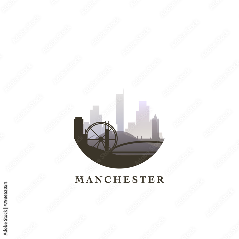UK Manchester cityscape, gradient vector badge, flat skyline logo, icon. England, United Kingdom city round emblem idea with landmarks and building silhouettes. Isolated graphic