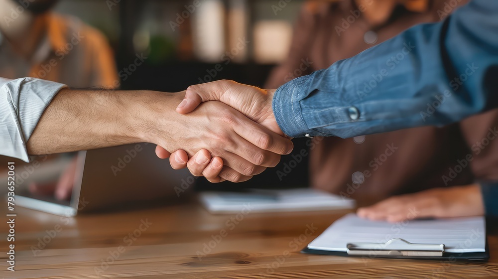 Two businessmen shaking hands in front of a blurred stock market trading screen, symbolizing agreement and partnership.