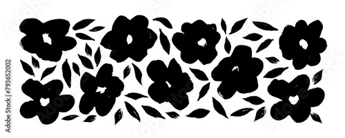 Chamomile or daisy hand drawn paint vector set. Black artistic botanical illustration. Isolated floral elements, grunge dry paint brush strokes.