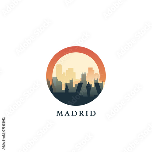 Madrid cityscape, gradient vector badge, flat skyline logo, icon. Spain capital city round emblem idea with landmarks and building silhouettes. Isolated graphic
