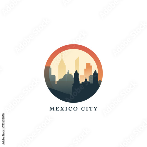 Mexico City cityscape, gradient vector badge, flat skyline logo, icon. Mexico country round emblem idea with landmarks and building silhouettes. Isolated graphic