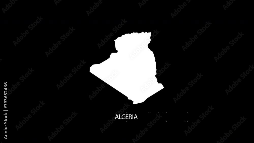 Digital revealing and zooming in on Algeria Country Map Alpha video with Country Name revealing background | Algeria country Map and title revealing alpha video for editing template conceptual Digital revealing and zooming in on Algeria Country Map Alpha video with Country Name revealing background | Algeria country Map and title revealing alpha video for editing template conceptual