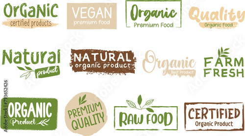 Organic food and nature product for food and drink stickers, badges, tags and sign. Organic and healthy life products promotion.