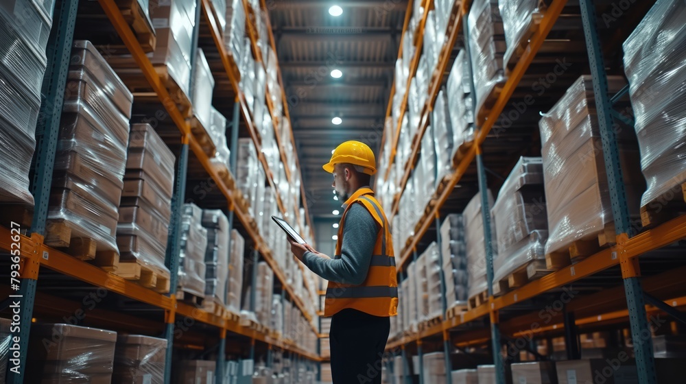 A warehouse employee in a high visibility vest uses a digital tablet to manage inventory in a large distribution center. AIG41