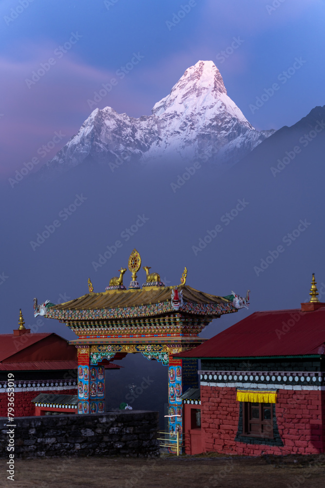 Sunset shot of Buddhism Temple with Ama dablam in the background in Tengboche, Khumbu, Nepal