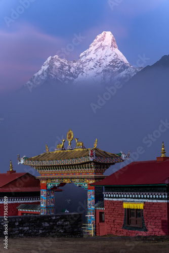 Sunset shot of Buddhism Temple with Ama dablam in the background in Tengboche  Khumbu  Nepal