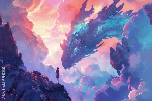A person stands on a mountain looking up at a large blue dragon. The sky is filled with clouds and the colors are vibrant. Scene is one of awe and wonder at the majestic creature