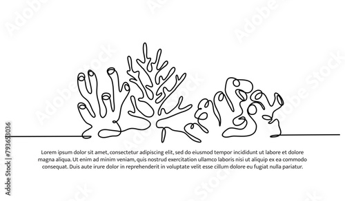 Continuous line design of reefs ocean diversity. Single line decorative elements drawn on a white background.