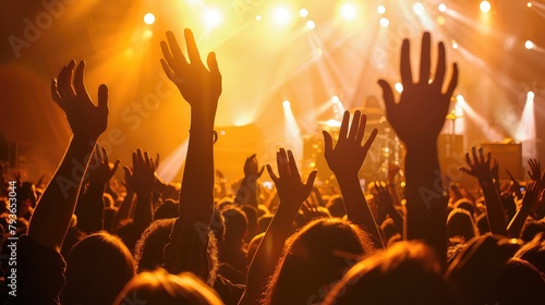 Many people in the public raising their hands at a concert or party. Concept of party and people having a good time.