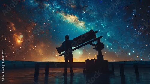 Astronomer in an observatory, dreamy, gazing through a giant telescope, wondrous, styled as star-lit nightgraphy.