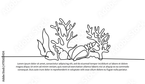 Continuous line design of the beauty of coral reefs and coral snails. Single line decorative elements drawn on a white background.