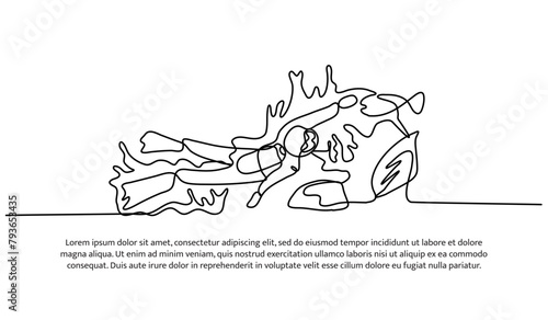 Continuous line design of   exploring diving around coral reefs. Single line decorative elements drawn on a white background.