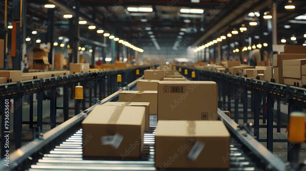 Cardboard boxes in a row on a belt in a factory ready for shipping Cardboard boxes in a row on a belt in a factory ready for shipping