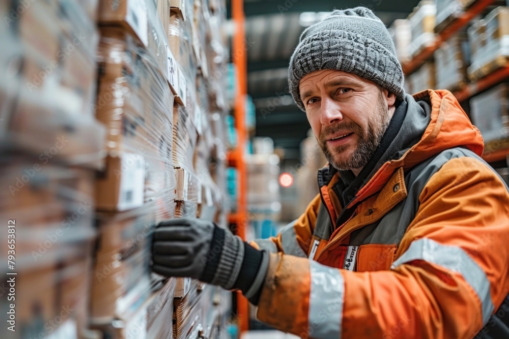Warehouse worker in warm clothes checking inventory in a cold storage
