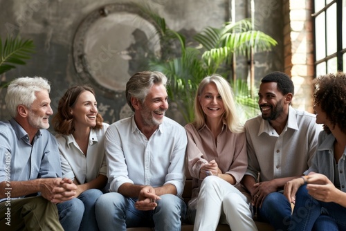 Cheerful multiethnic group of people sitting in a row and looking at camera photo