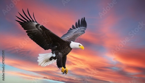 Compose an image showcasing the graceful flight of a majestic bald eagle, soaring effortlessly against a backdrop of crimson-hued sunset clouds."