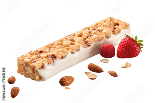 Granola bar with fresh; strawberries and white chocolate isolated on a Transparent background. Generative AI