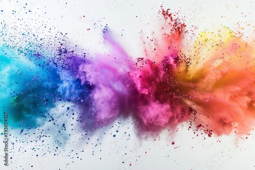 Dynamic colored powder explosion against a soft transparent white backdrop, adding excitement photo