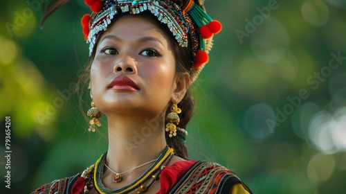 A happy woman in traditional costume stands in front of green background