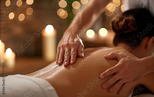 A young woman enjoys a relaxing back massage at a spa, with a serene and peaceful expression on her face.