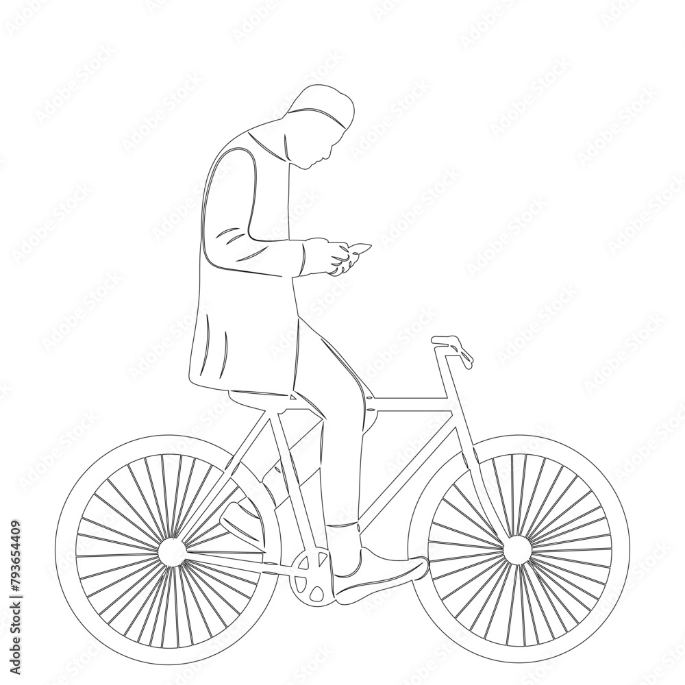 Fototapeta premium cyclist with phone sketch on white background vector